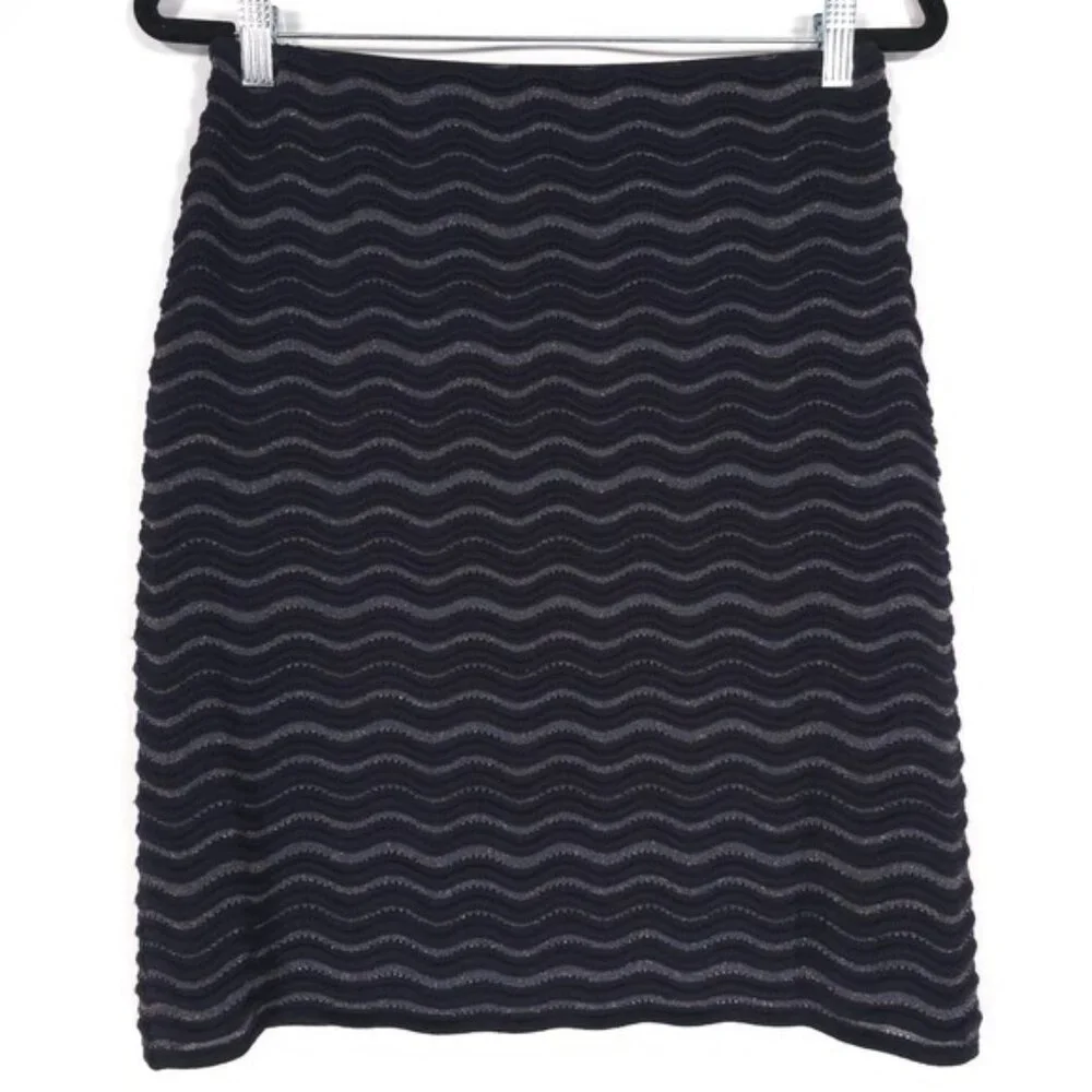 TORY BURCH Navy Metallic Wave Pattern A-Line Wool Blend Skirt‎ MEDIUM